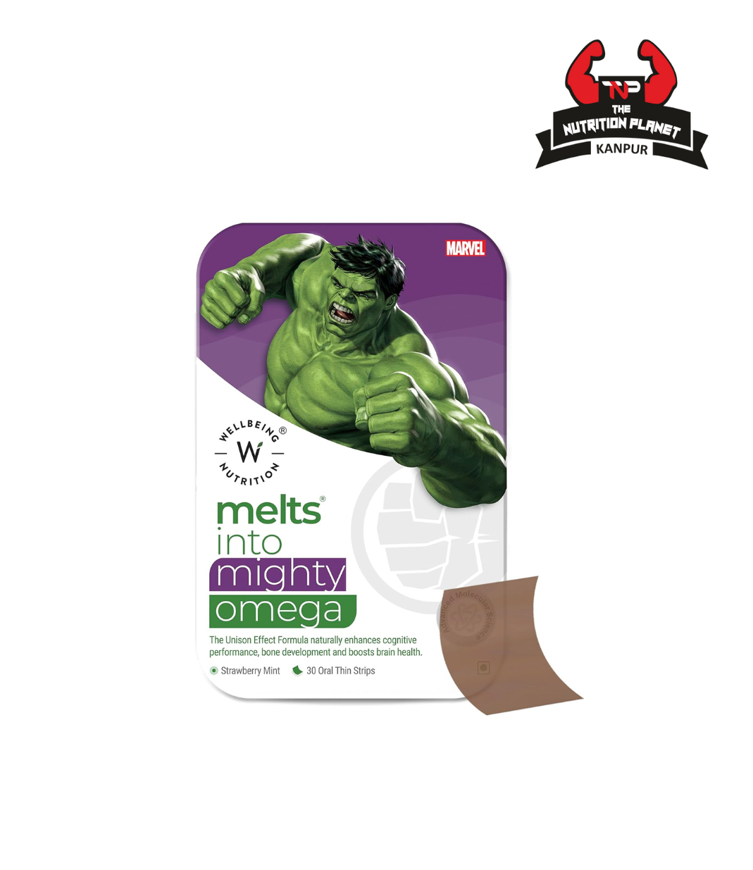 Wellbeing Nutrition Marvel Hulk Melts | Vegan Omega 3 for Kids (6+) Supports Brain Development, Concentration, Eye & Heart Health | Algae Omega 3 EPA DHA | Strawberry Mint Flavor (30 Oral Strips)